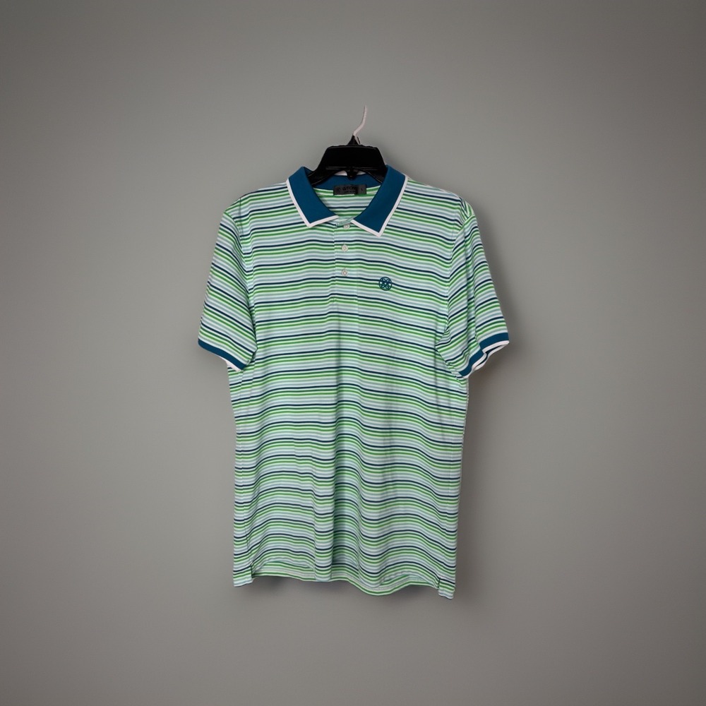 G/Fore Golf Polo Shirt Mens LG Striped Slate Blue Volt Green New